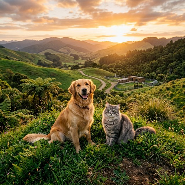 Golden retriever and cat on New Zealand hillside at golden hour