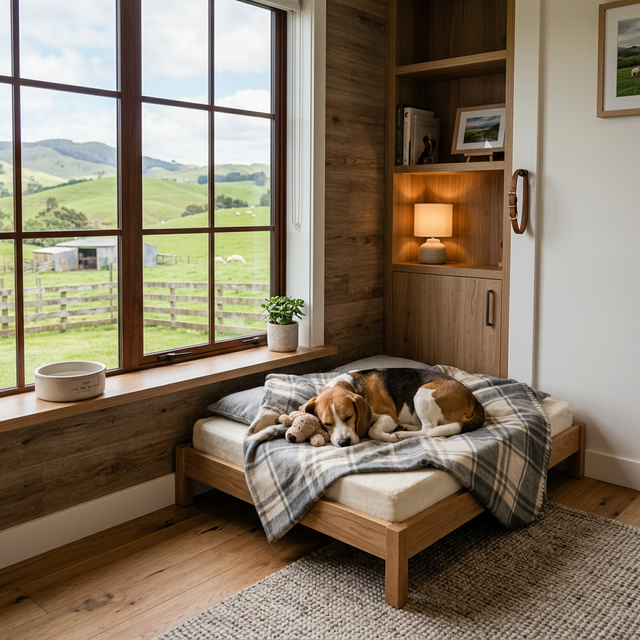 Pet suite with green hillside view